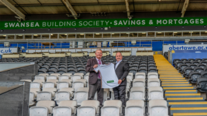 Alun Williams (left) Swansea Building Society with Lee Merrells (right) Swansea City AFC