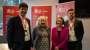 From left to right, Cllrs Huw Thomas, Mary Ann Brocklesby and Anthony Hunt with Dame Nia Griffith stood together at Cardiff Capital Region's MIPIM launch event.